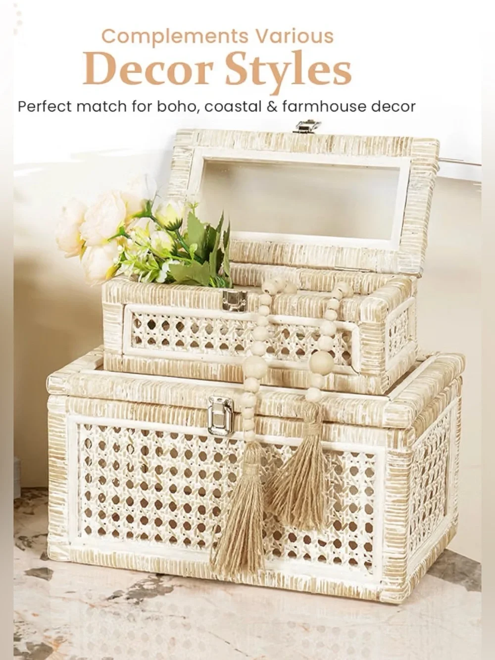 Farmhouse Natural Whitewashed Wicker Storage Box Set